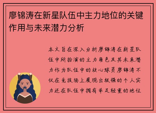 廖锦涛在新星队伍中主力地位的关键作用与未来潜力分析