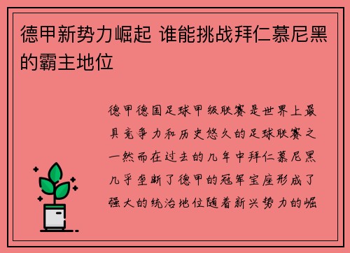 德甲新势力崛起 谁能挑战拜仁慕尼黑的霸主地位