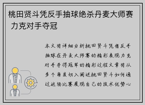 桃田贤斗凭反手抽球绝杀丹麦大师赛 力克对手夺冠