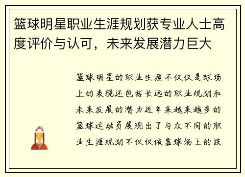 篮球明星职业生涯规划获专业人士高度评价与认可，未来发展潜力巨大