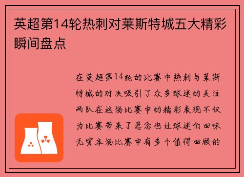英超第14轮热刺对莱斯特城五大精彩瞬间盘点