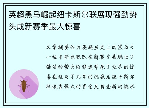 英超黑马崛起纽卡斯尔联展现强劲势头成新赛季最大惊喜